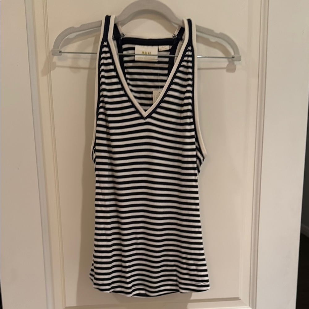 Anthropologie Navy and White Striped Knit V-Neck Tank Top